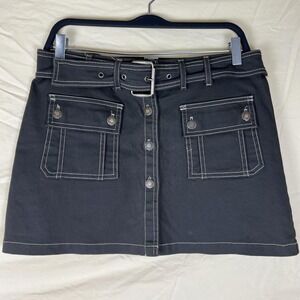 Y2K Utility Goth French Kiss Skirt Womens Large Cargo Mini Belted Button Front